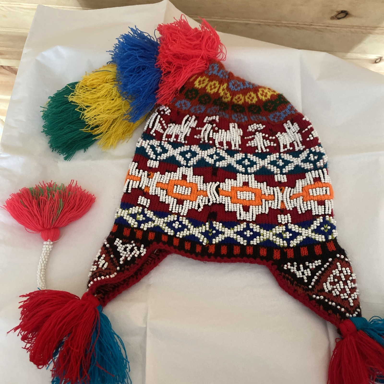 Peruvian Andean Mountain Shaman Q\'ero Chullo Beaded Ceremony Hat Llamas Colorful