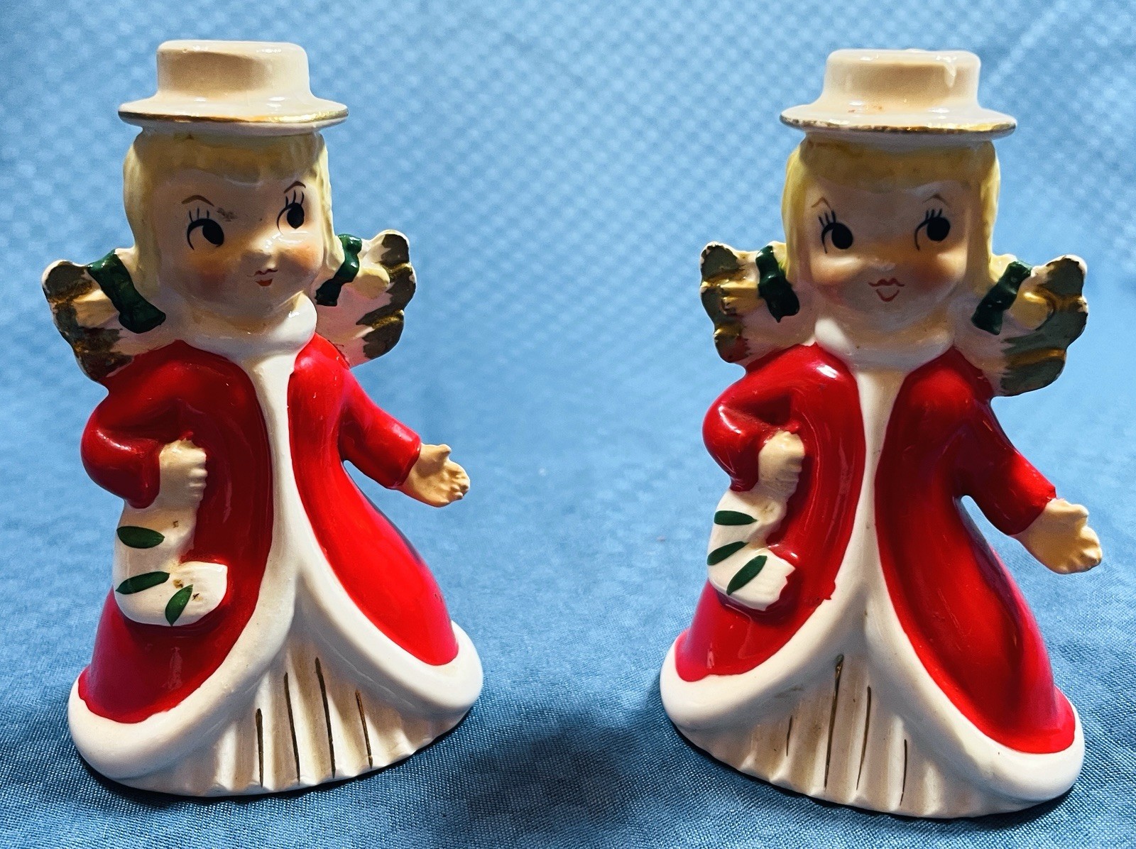 Pair Vintage NAPCO Red Christmas Ceramic Angel Candle Holder Bell Japan 1950s