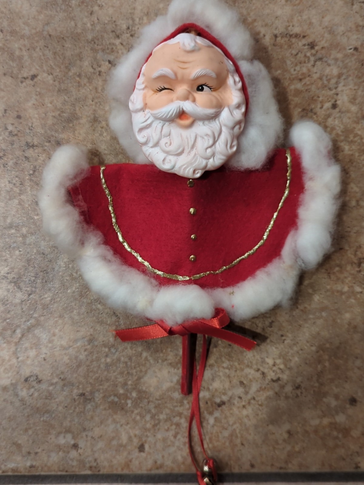Vintage MCM Winking Santa Claus Plastic Face on Stick Christmas Decor Rare 9\