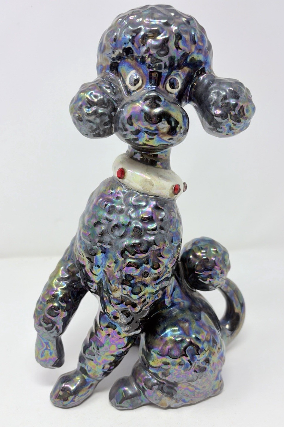 Vintage MCM Atlantic Mold Perrie Poodle Black Iridescent Carnival Glass Statue