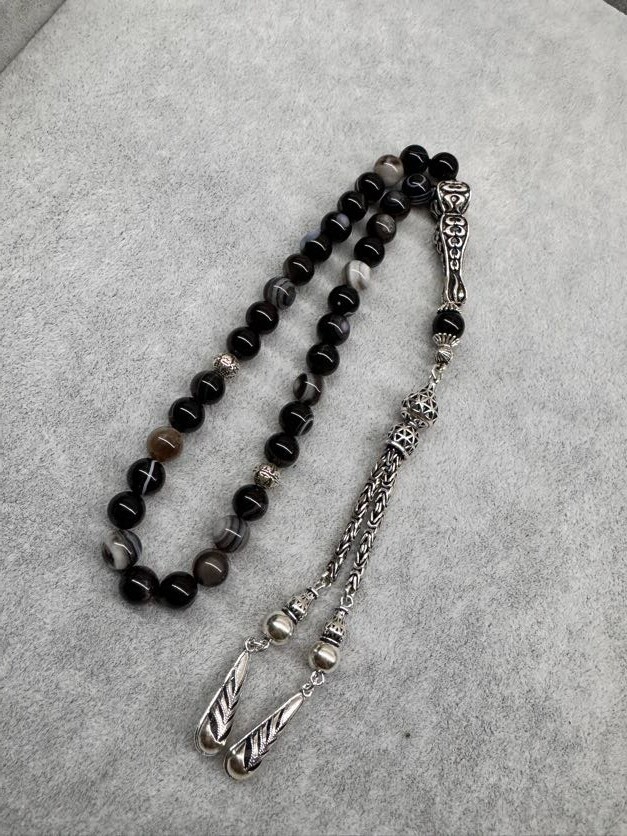 Natural Black and Brown agate Tasbeeh with Unique Patterns 925 carat silver