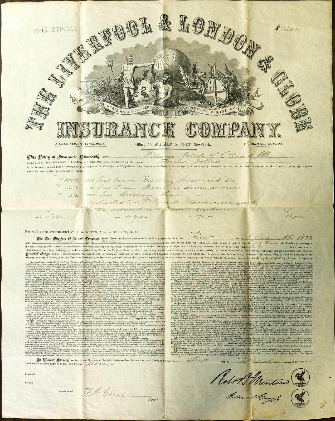 1879 Liverpool & London & Globe Insurance Company Orland, Hancock County, Maine
