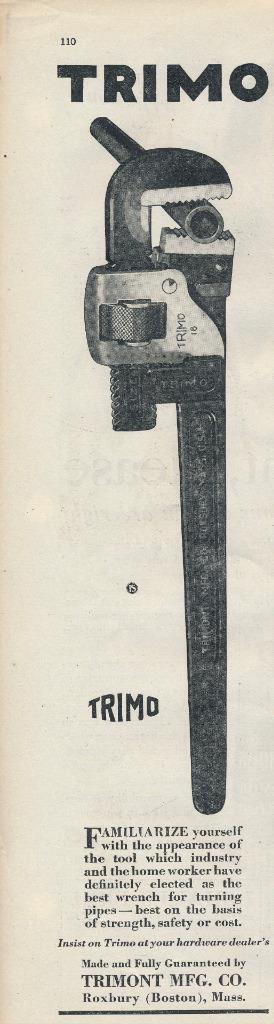 Magazine Ad - 1930 - TRIMO Pipe Wrench - Trimont Mfg., Roxbury, MA