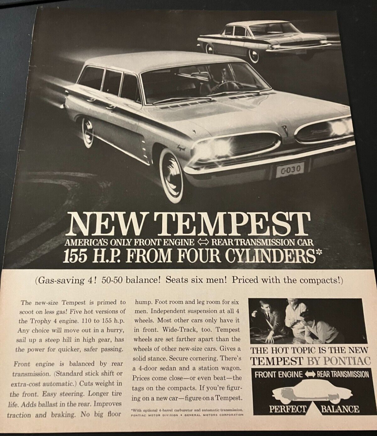 1960 Pontiac Tempest 4-Cylinder - Vintage Original Print Ad / Wall Art - CLEAN