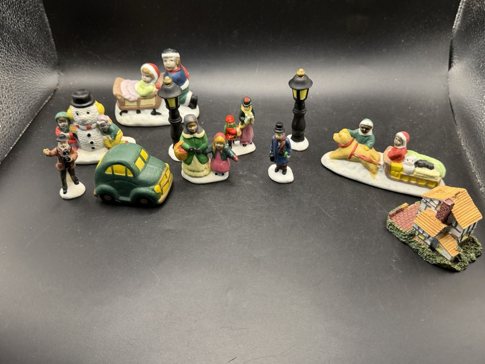 Vintage Lemax Christmas Village Figures Lot Accessories Sled Snowman Car 12pc 