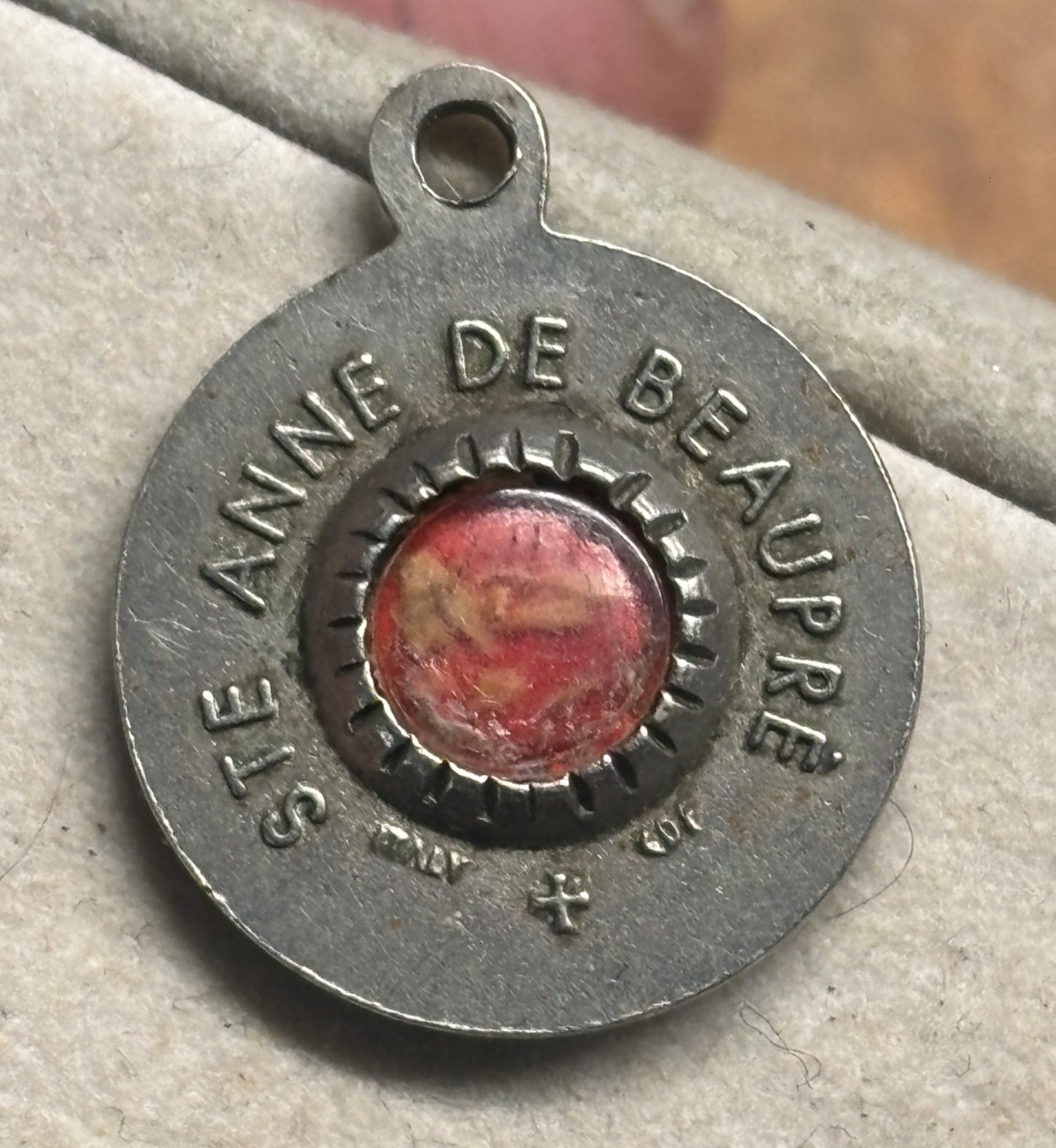 Vtg Christian Catholic RELIC Charm Pendant medal ST ANNE DE BEAUPRE Mary Mother