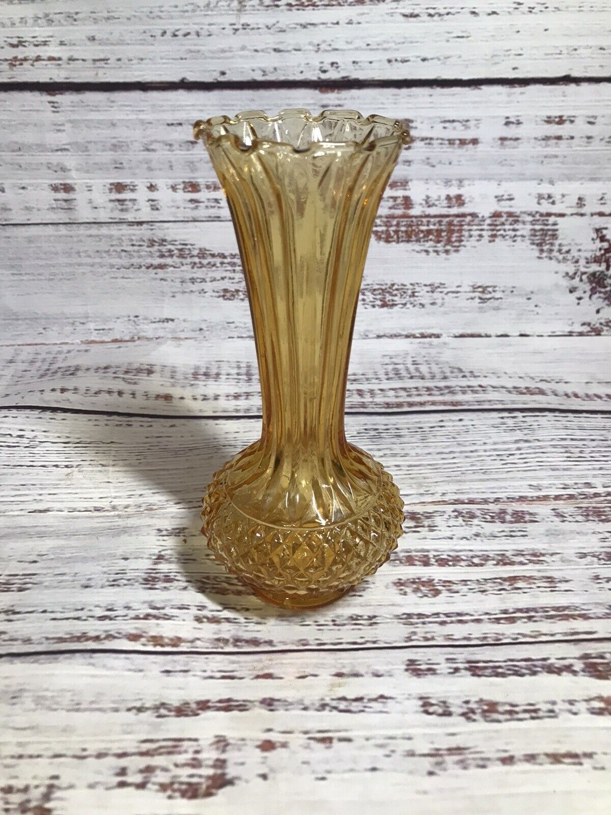 Vintage Amber Honey Gold Small Vase Bud Diamond Ribs Fluted Opening
