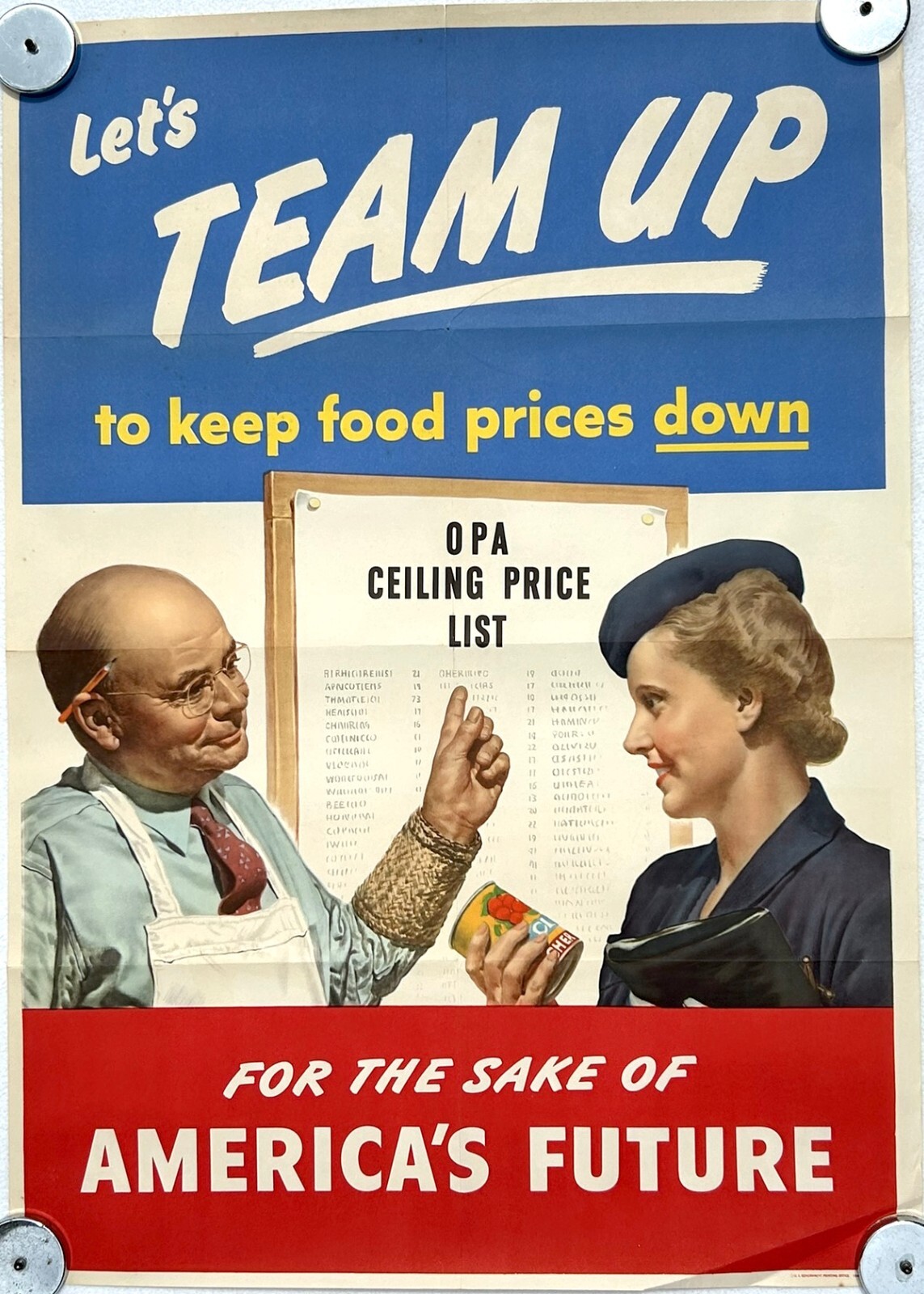 1944 WWII UNITED STATES Propaganda Poster LET'S TEAM UP FOR FOOD PRICES