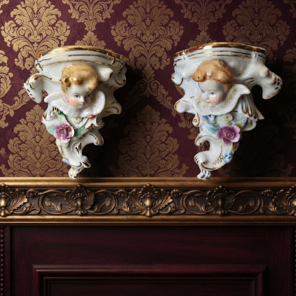 Limoges China Vintage Mini Porcelain Cherub Wall Shelves – Gold Gilt Floral Pair