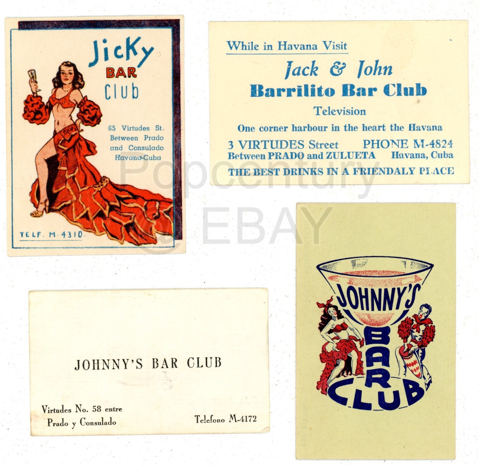 Vintage 1949 Business Card Lot Havana Cuba Jicky & Johnnys Bar Club Lot of 4