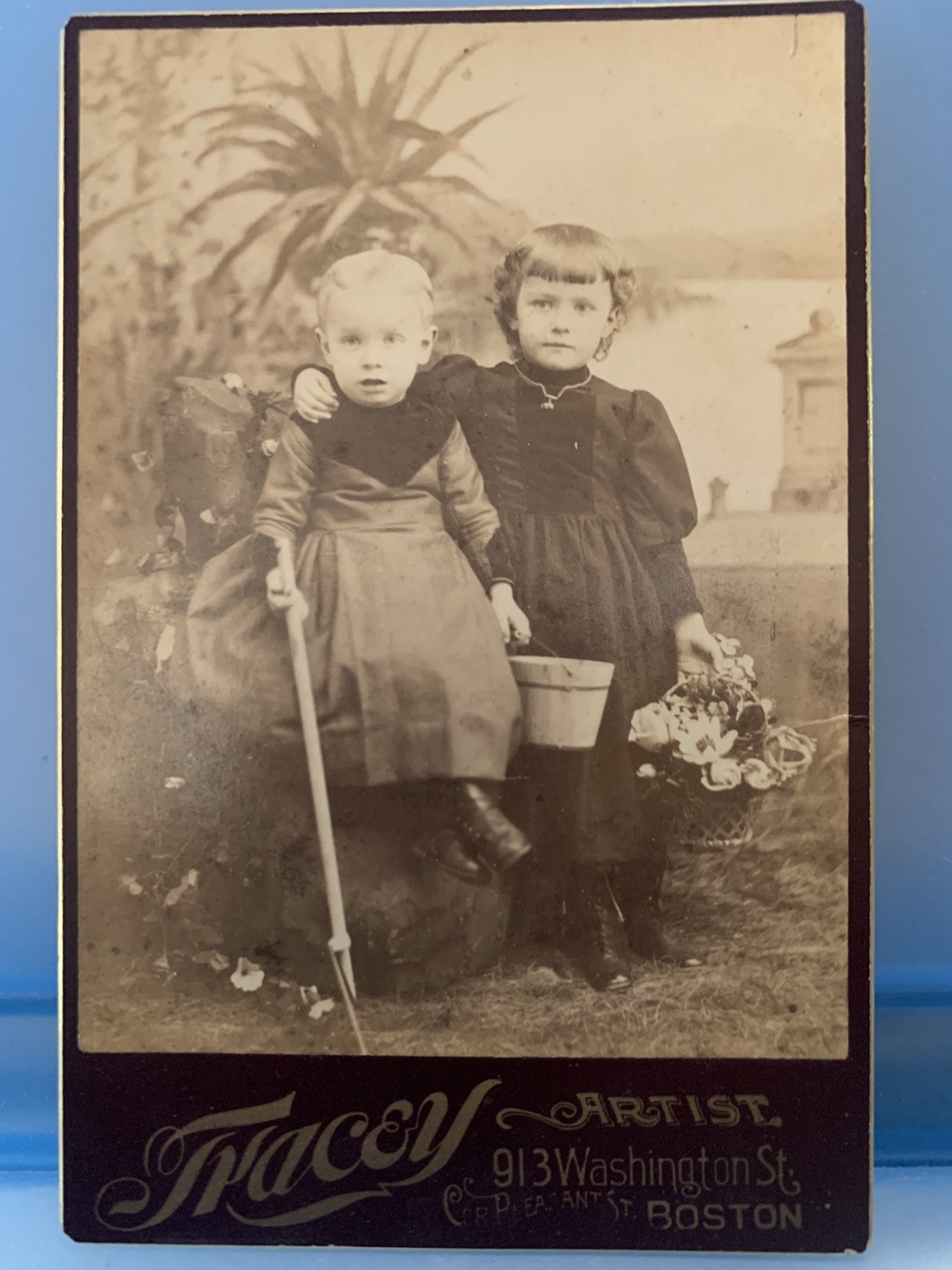 Antique Cabinet Card Photograph 2 girls Tracey Artistic Boston Mass Antique Cabinet Card Photograph 2 girls Tracey Artistic Boston Mass