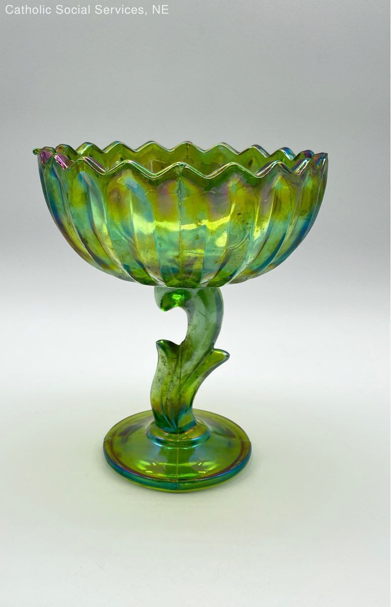Indiana Glass Green Iridescent Carnival Lotus Blossom Pedestal Dish