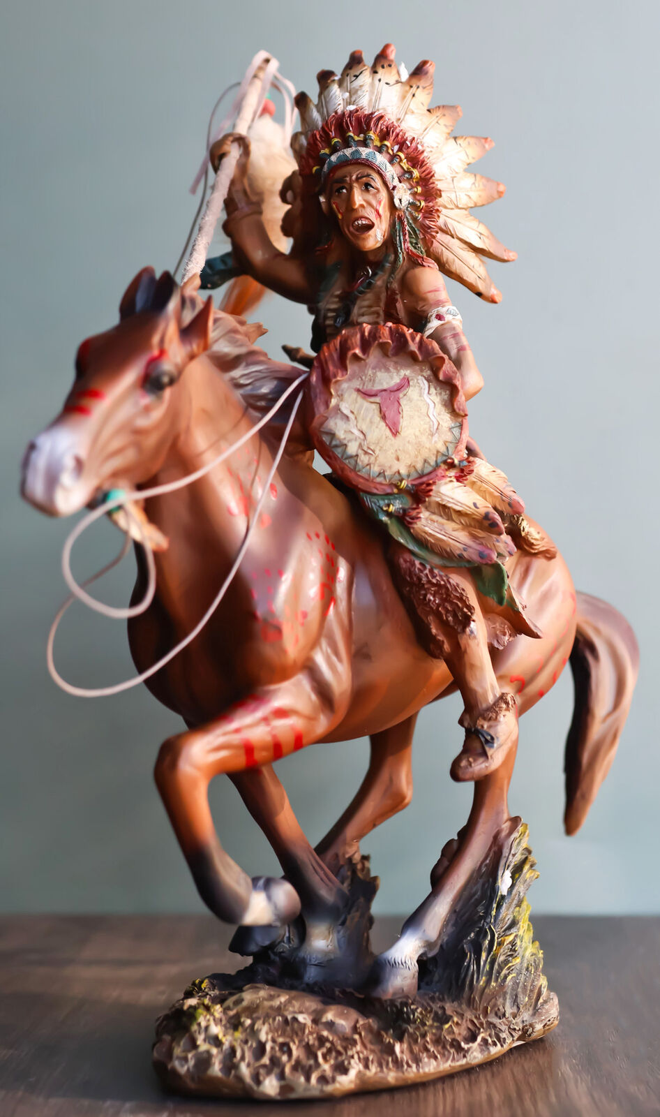 Indian Chief Eagle Warrior War Headdress On Horse Throwing Spear Figurine 13\