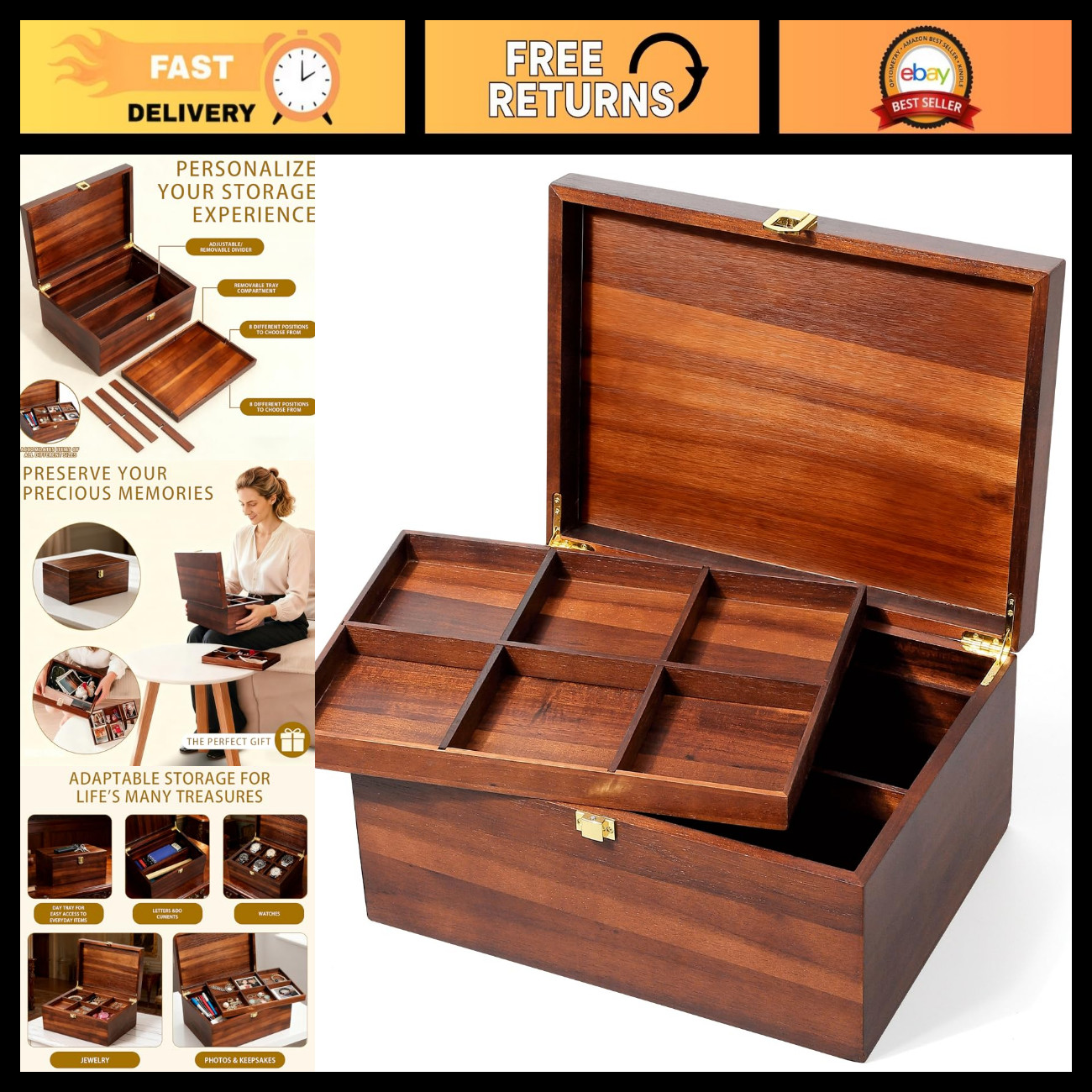 Large Wooden Storage Box with Adjustable Tray, 12.5\