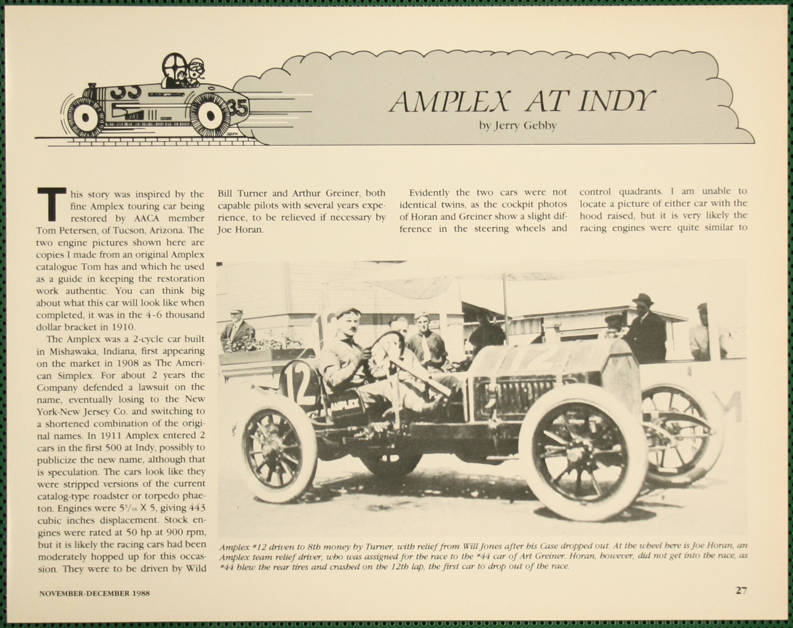 1911 Amplex Race Car First Indy 500 Turner Horan Vintage Pictorial Article 1988