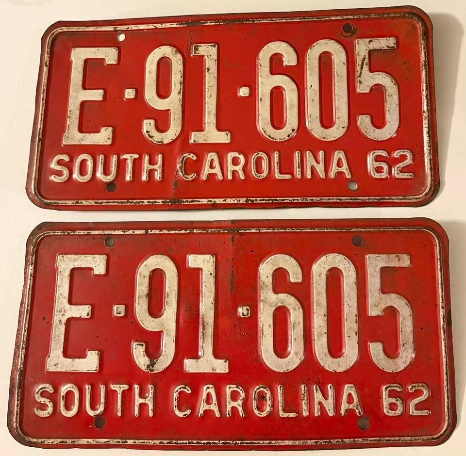 Vintage 1962 South Carolina License Plate Pair E 91 605
