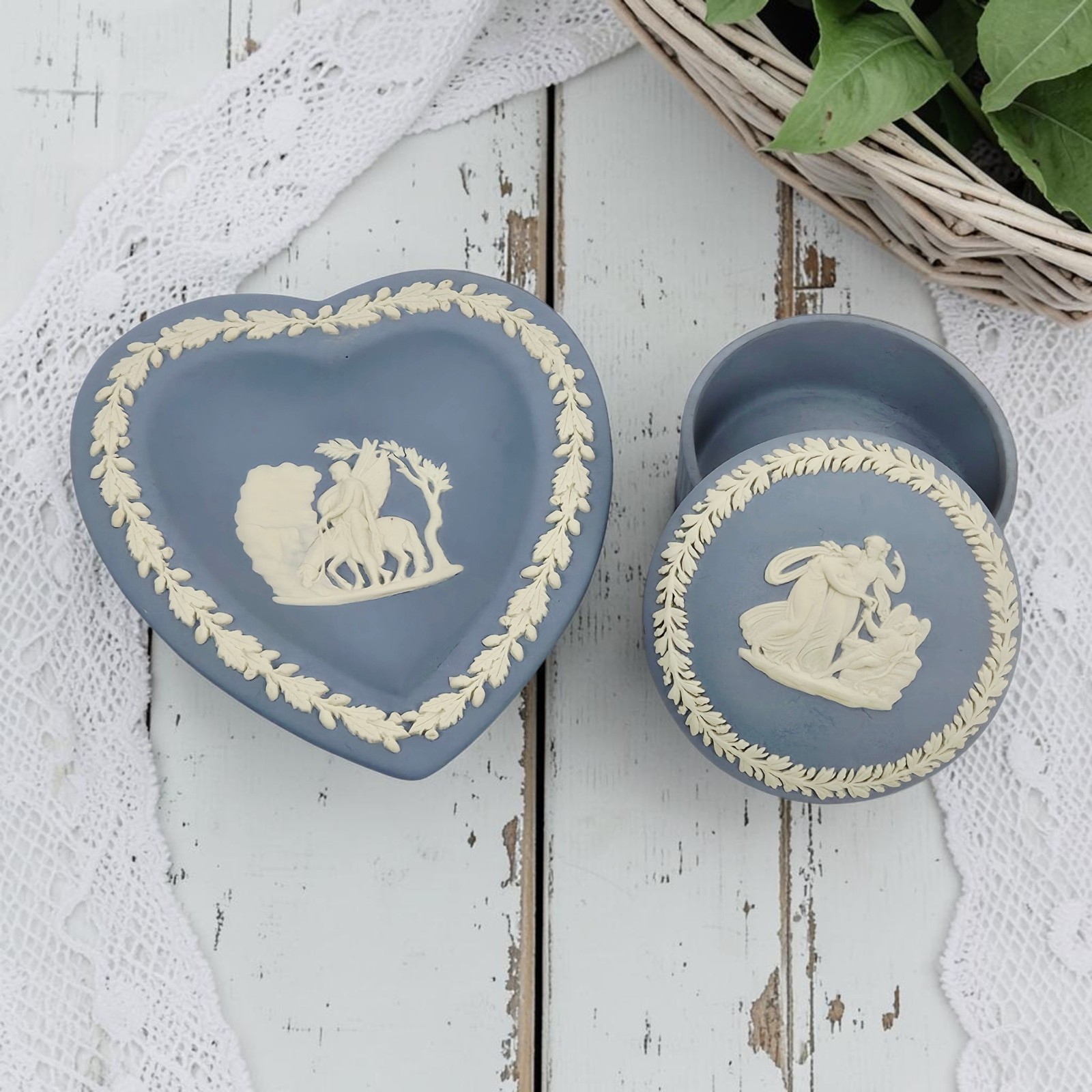 VTG Wedgwood Pale Blue Jasperware Small Lidded Trinket Box & Heart Dish England