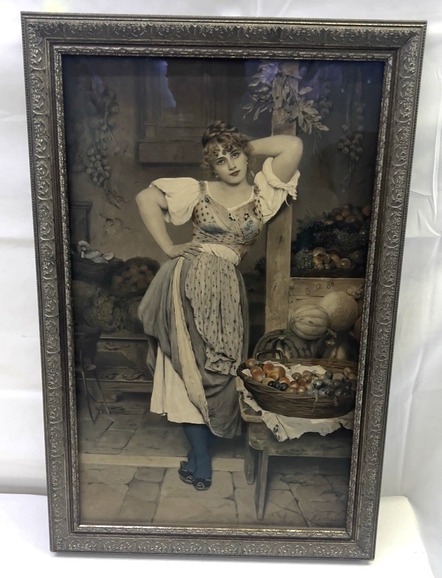 Vintage Eugen von Blaas (1843-1932) Fruit Seller Framed Lithograph 25 X 16.75''