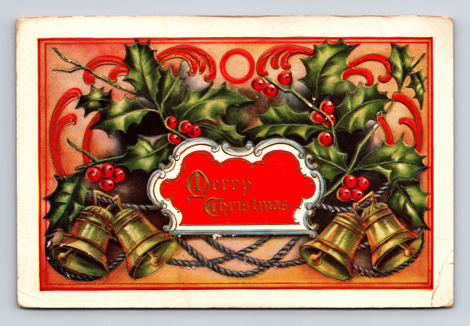Embossed Merry Christmas Bells Mistletoe & Ropes Postcard