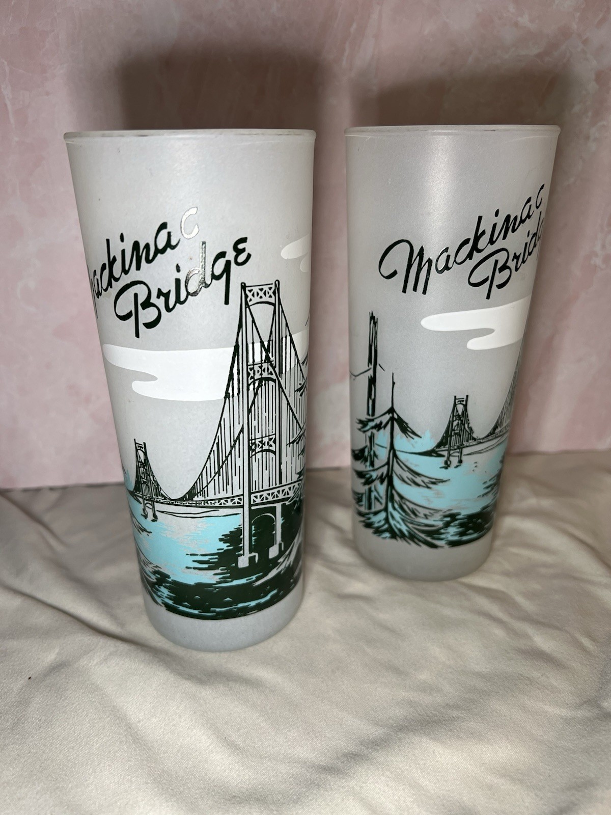 2 Vintage Mackinac Bridge Frosted Souvenir Glasses Michigan 1950\'s MCM Barware 2 Vintage Mackinac Bridge Frosted Souvenir Glasses Michigan 1950\'s MCM Barware