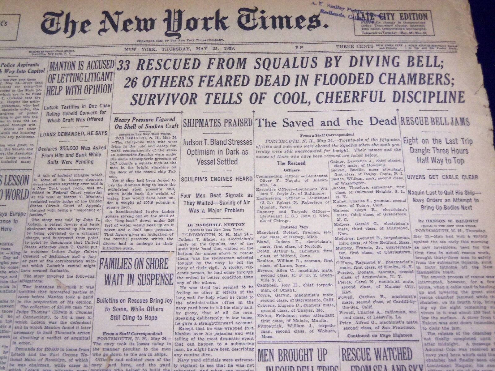 1939 MAY 25 NEW YORK TIMES - 33 RESCUED FROM SQUALUS BY DRIVING BELL - NT 589
