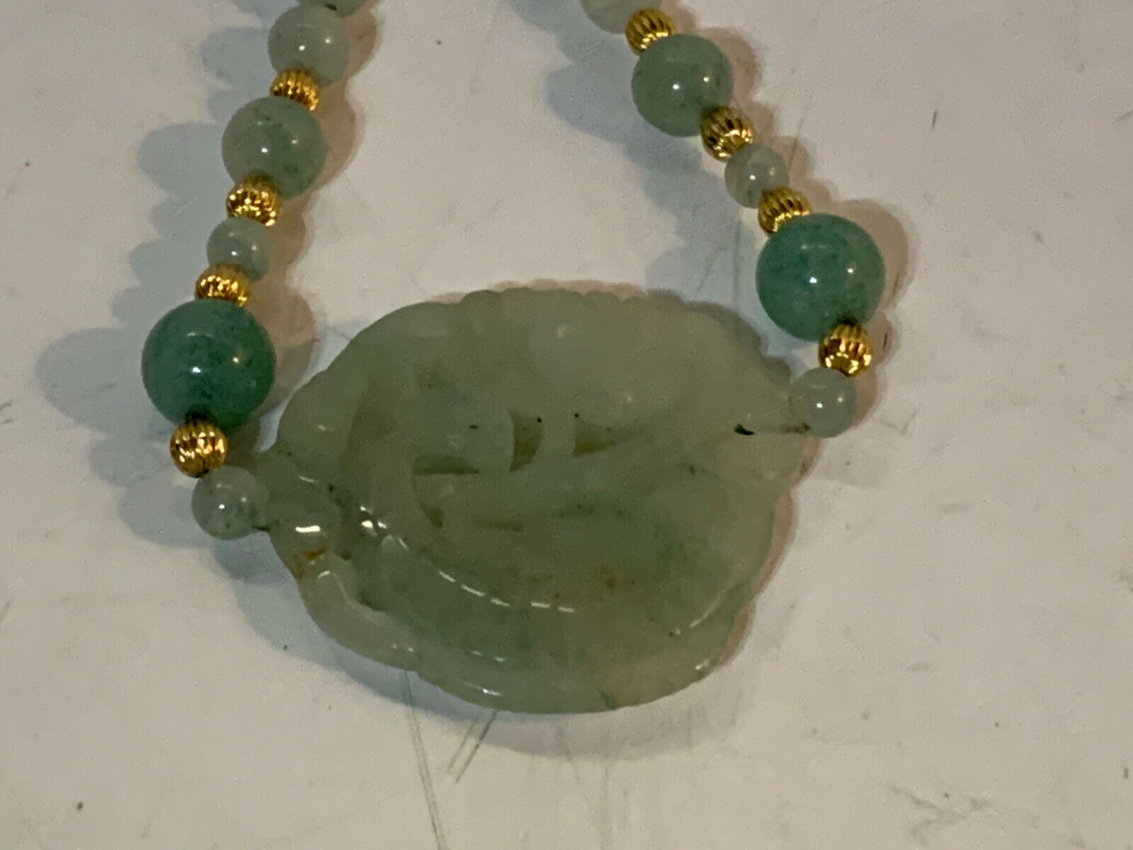 Chinese Jade Fish & Flower Carved Pendant & Bead Beaded Necklace
