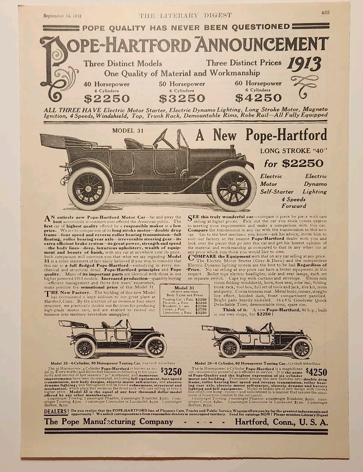 1912 Pope Hartford Automobile Original Print Ad Ephemera 1900s Hartford Conn