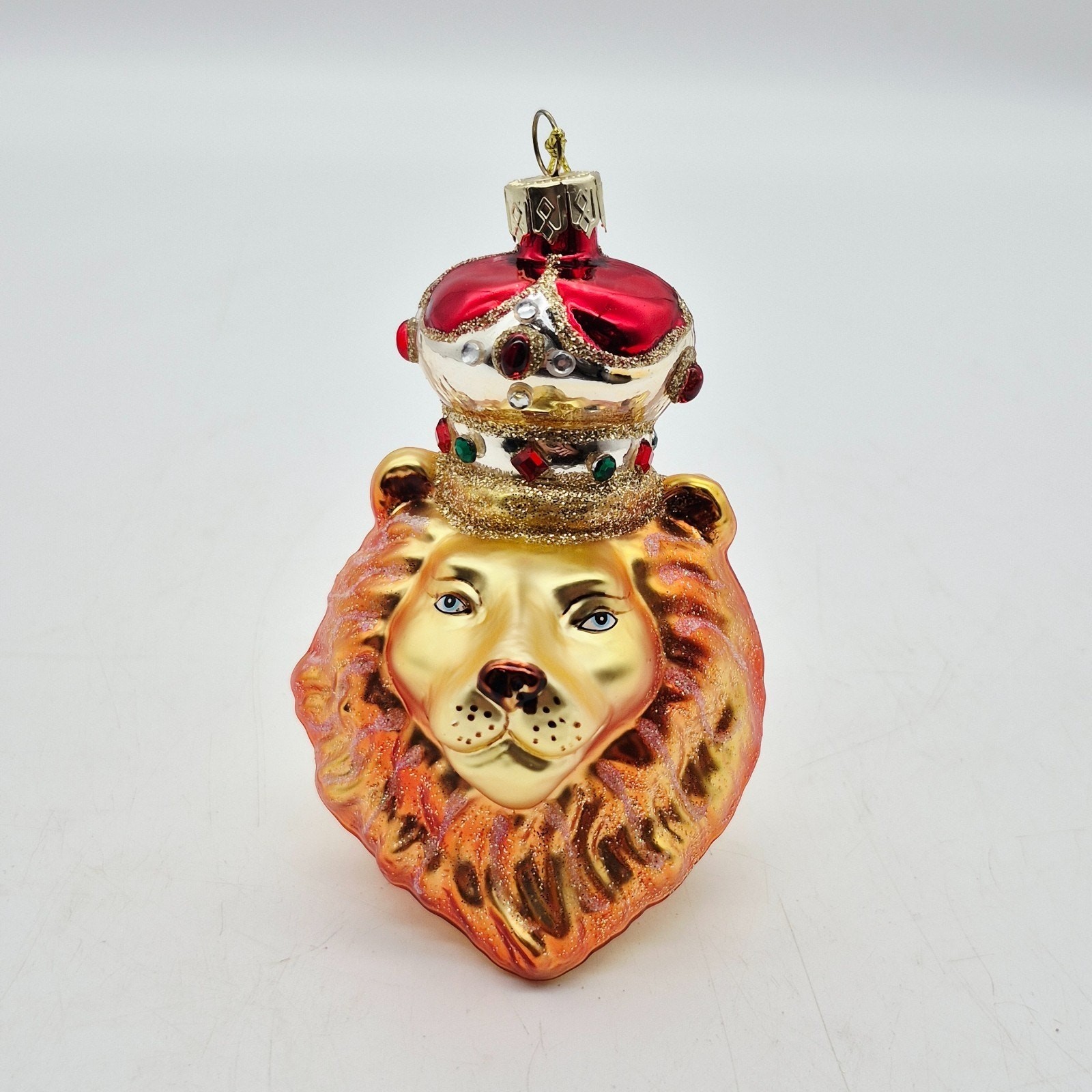 Royal Golden Crowned King Lion Blown Glass Christmas Tree Ornament 4” Regal Rare