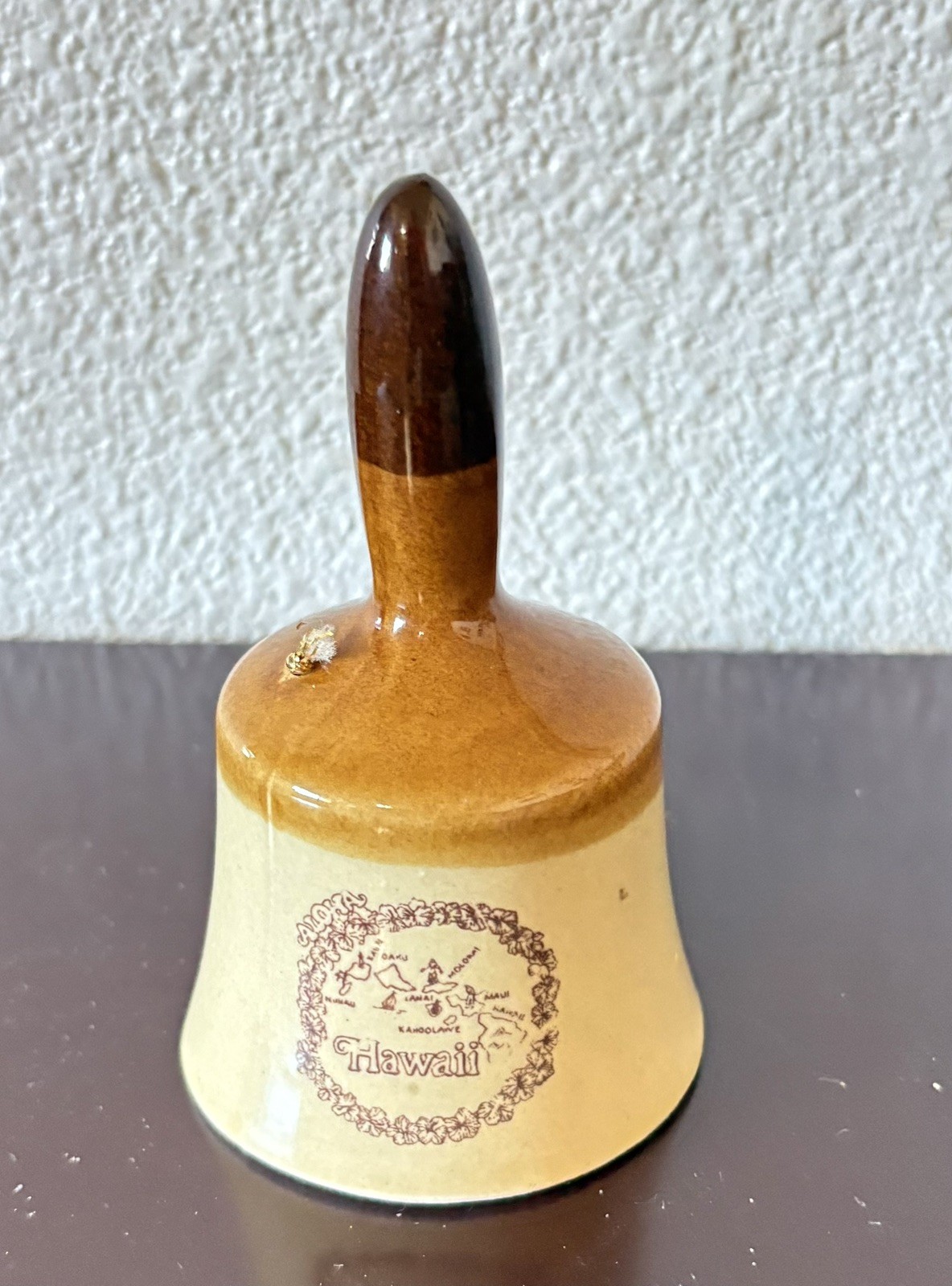 Vintage Lipco Ceramic Hawaii Souvenir Bell Glossy Brown & Yellow Glaze Finish