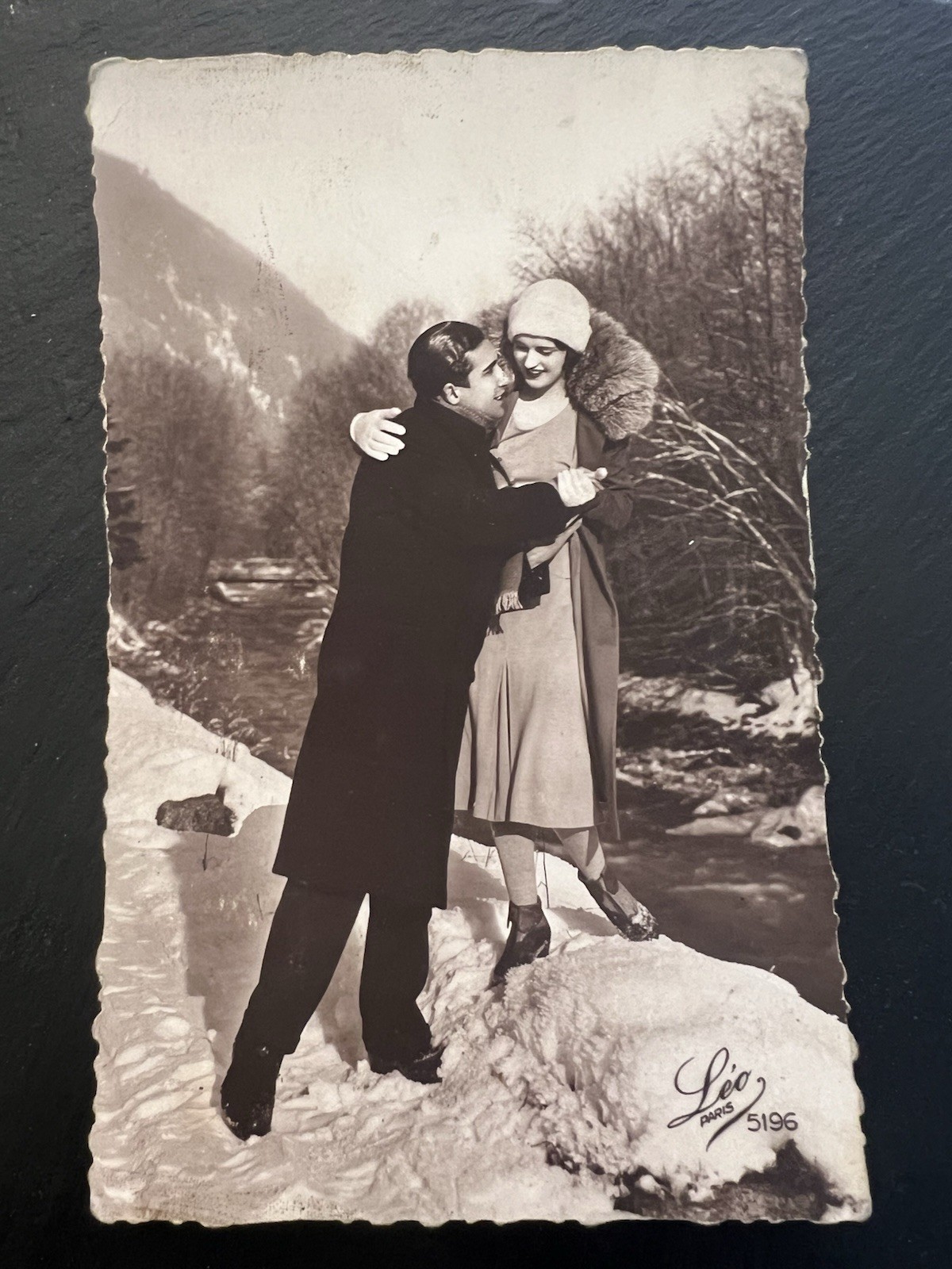 1931 WW2 Era Bulgarian RPPC Postcard Winter Couple Plovdiv  Photo 