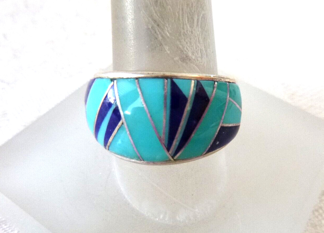 Navajo Evangeline Sherman Multi-stone Inlaid Band Ring 925 Sterling Silver Sz 9 Navajo Evangeline Sherman Multi-stone Inlaid Band Ring 925 Sterling Silver Sz 9