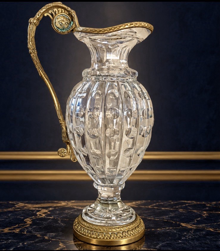 Antique French Empire Baccarat Cut Crystal Glass & Ormolu Bronze Ewer Jug 1860