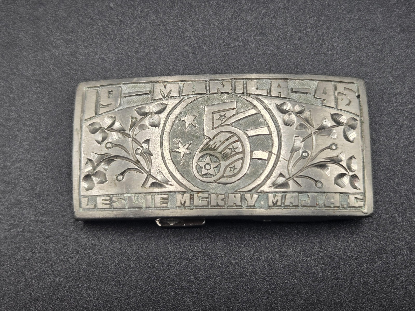 WWII Belt Buckle 1945 Manila Leslie McKay MAJ.A.C. Military Militaria Vintage