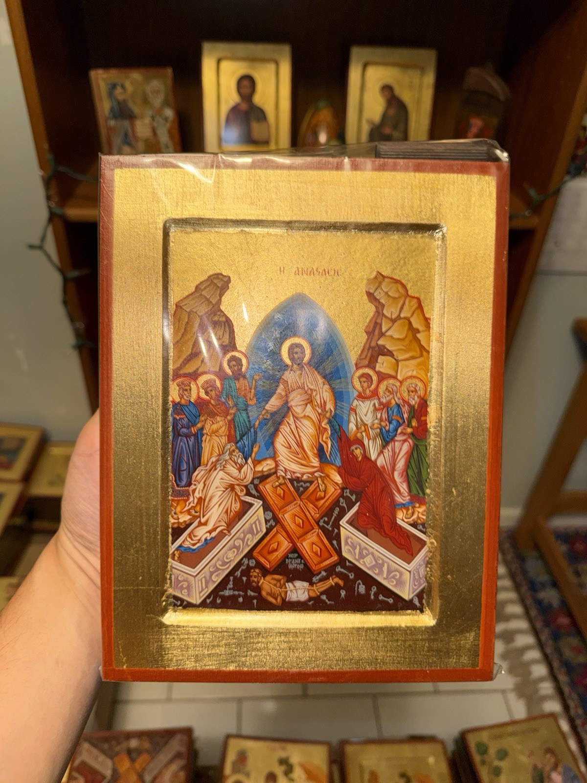 Resurrection Anastasis Orthodox Icon 18kt Gold Carved Wood (handmade) 18x24cm