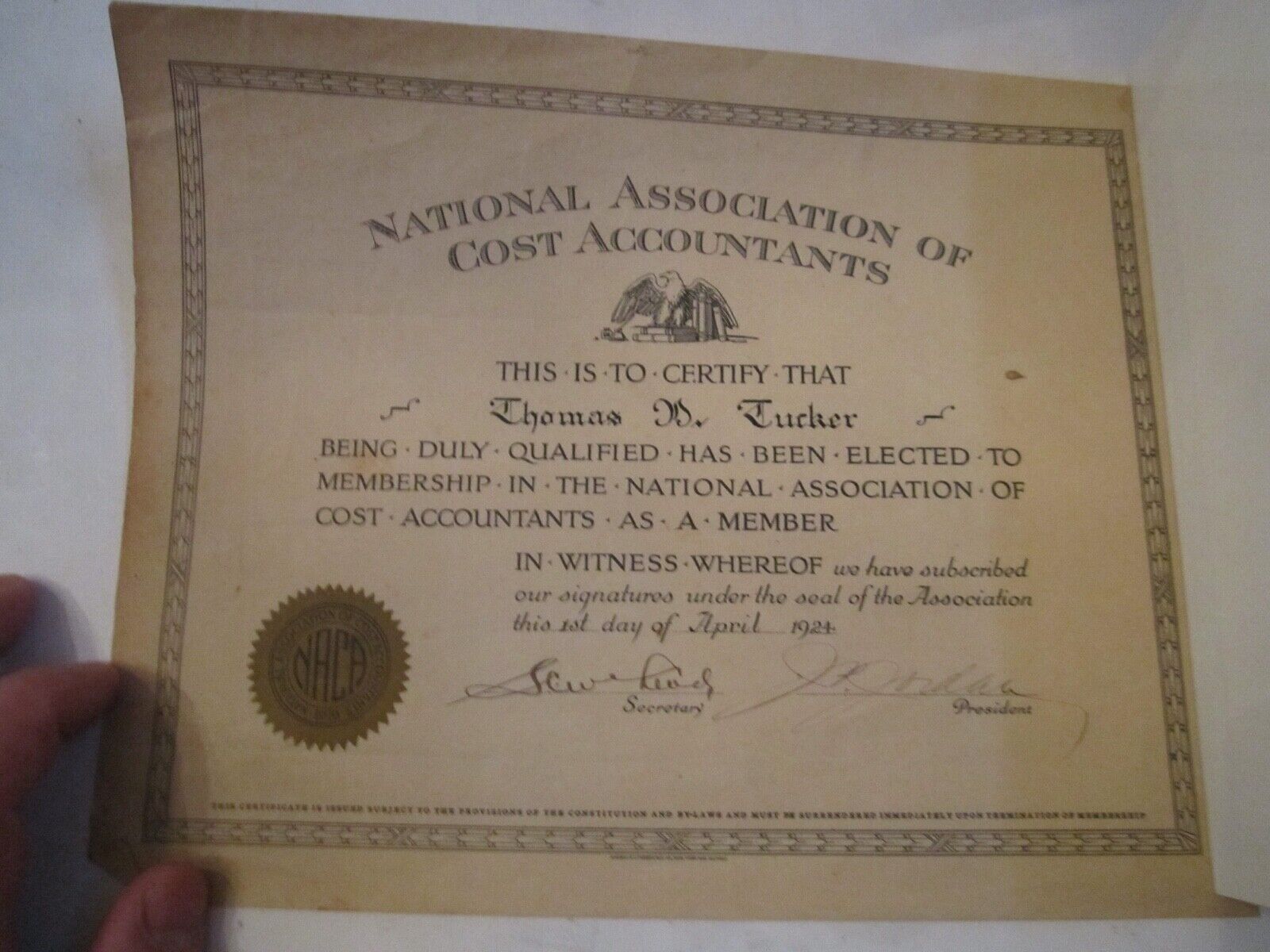 1924 NATIONAL ASSOCIATION OF COST ACCOUNTANTS CERTIFICATE  - WD