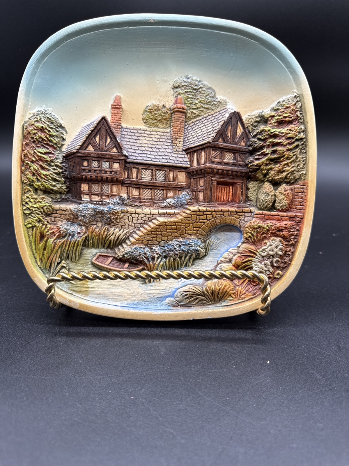 Chalkware 3D wall plaque depicting an English cottage scene by Legend Products