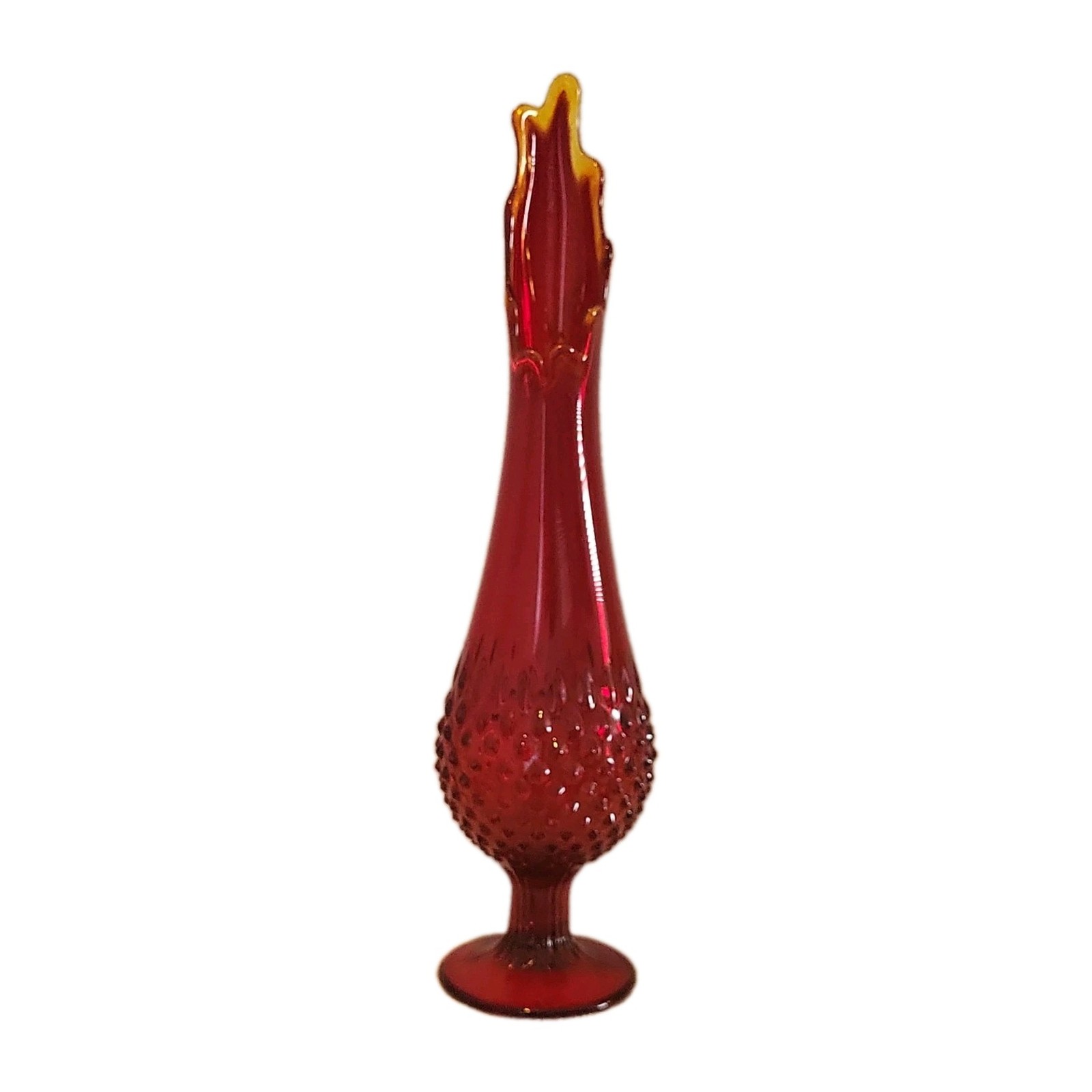 Vintage Fenton Hobnail Footed 15 1/2” Ruby Red & Yellow Amberina Swung Vase Glow Vintage Fenton Hobnail Footed 15 1/2” Ruby Red & Yellow Amberina Swung Vase Glow