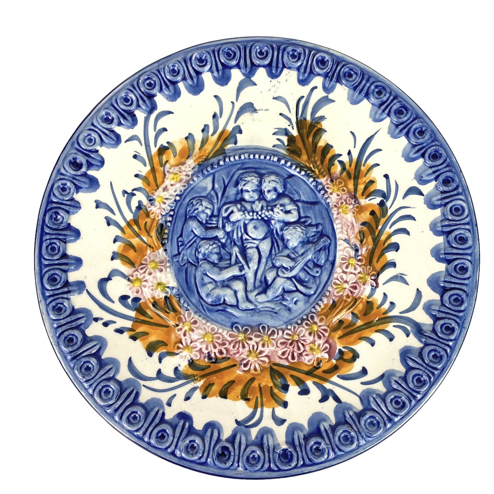 French Barbotine Vintage Magolica Cherubs Musicians Angles 12 1/2” Plate Display