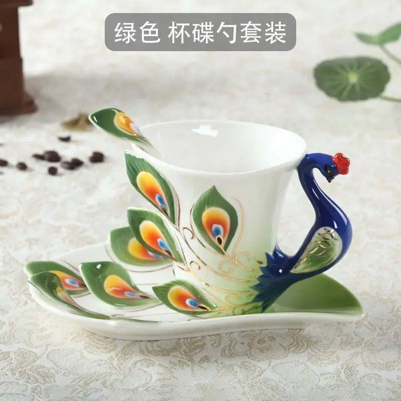 Creativity Hand Crafted Porcelain Peacock Coffee Mugs Tea Cup Sets Saucer Spoon