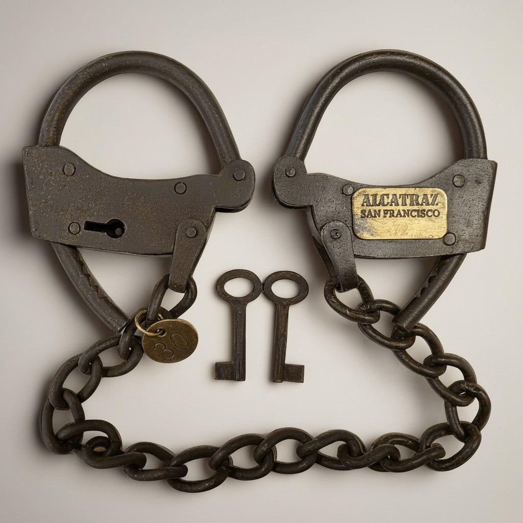Alcatraz Prison Iron Adjustable Handcuffs with Chain & Brass Tag