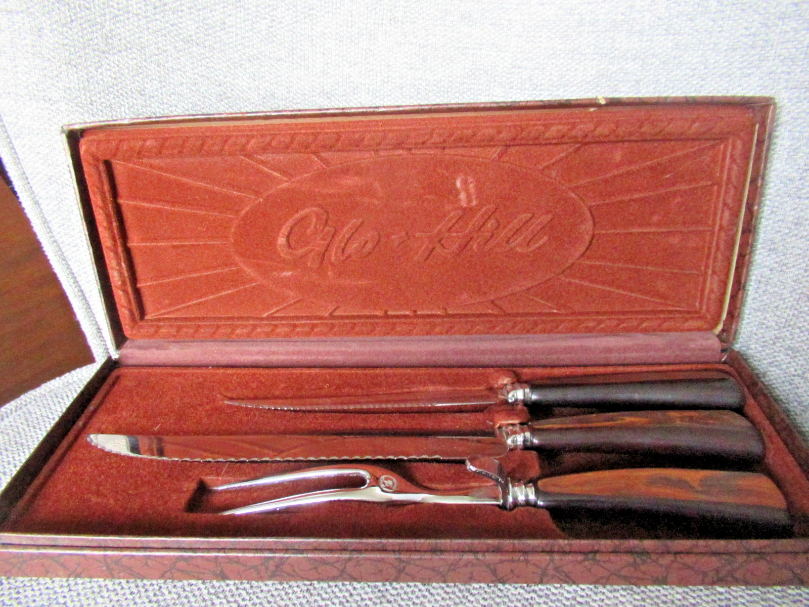 Vintage Glo Hill Carving Set 3 Piece Carving Set Brown Case and Brown Interior