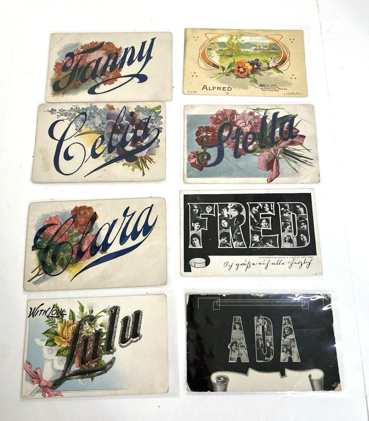 Lot of 8 Antique Large Letter First Name Greeting Postcards Early 1900\'s