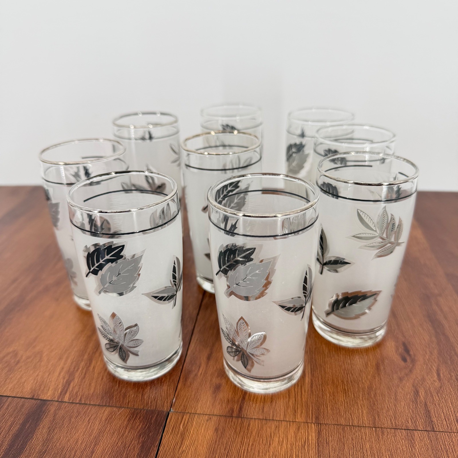 Set of 9 Vintage Libbey Silver Leaf Frosted Juice Glasses MCM 4\