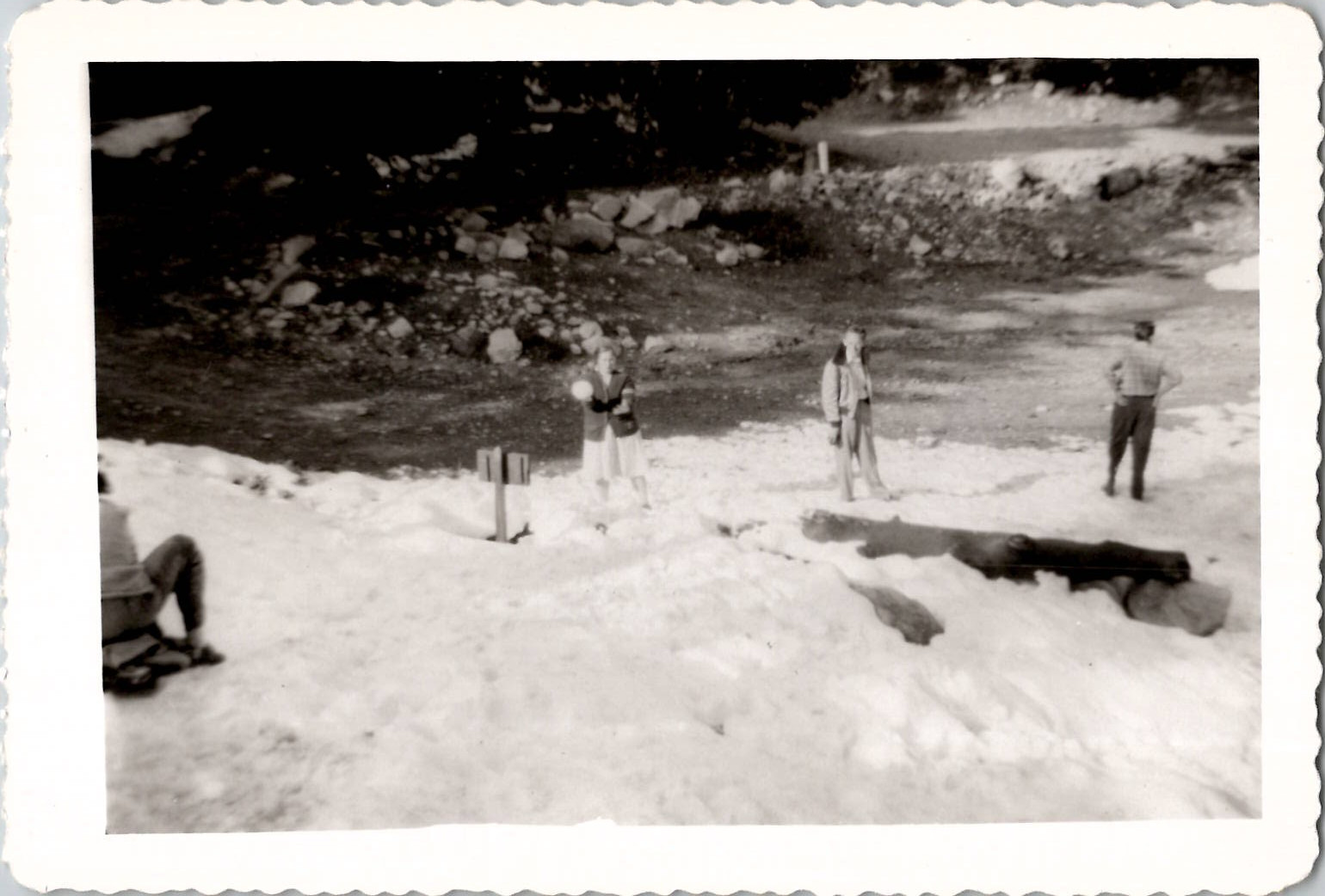 Woman Making Mega Snowball Snapshot Americana Funny Winter 1940s Vintage Photo