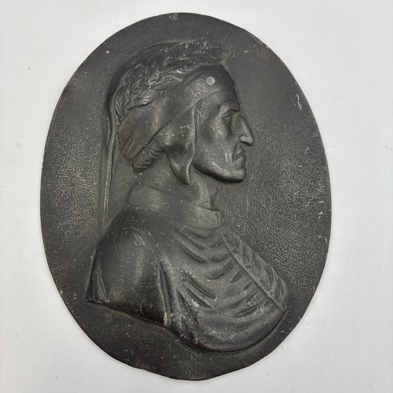 Antique Dante Alighieri Bronzed Metal Relief Plaque Italian Portrait 4.75\