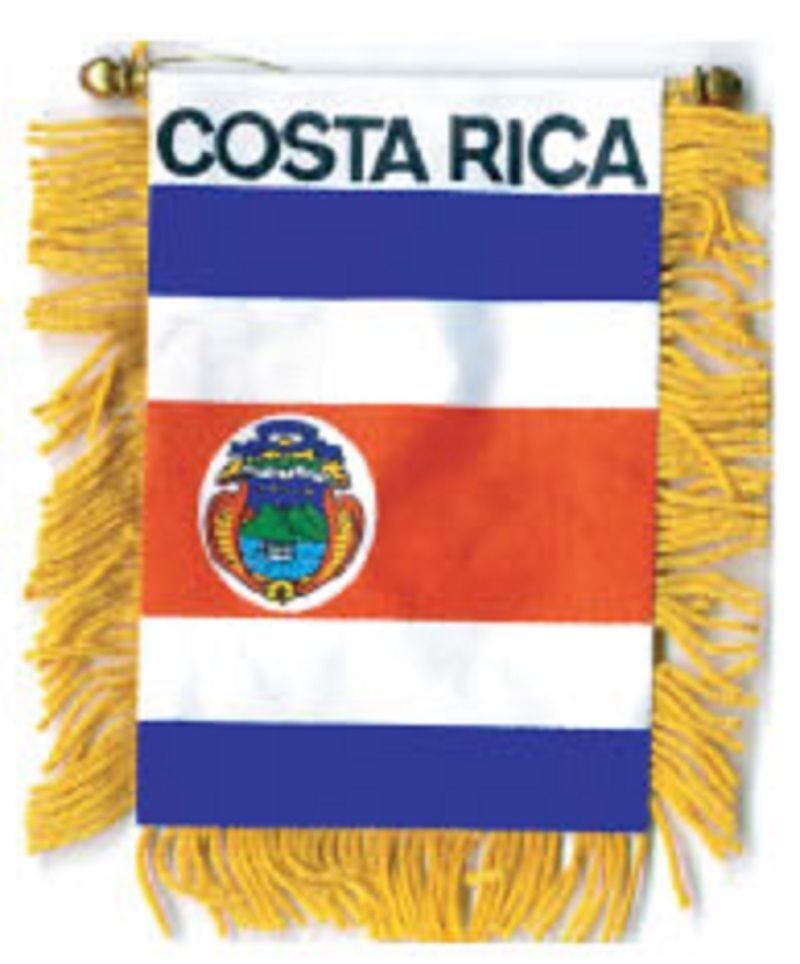 COSTA RICA MINI BANNER FLAG BANDERA with BRASS STAFF & SUCTION CUP
