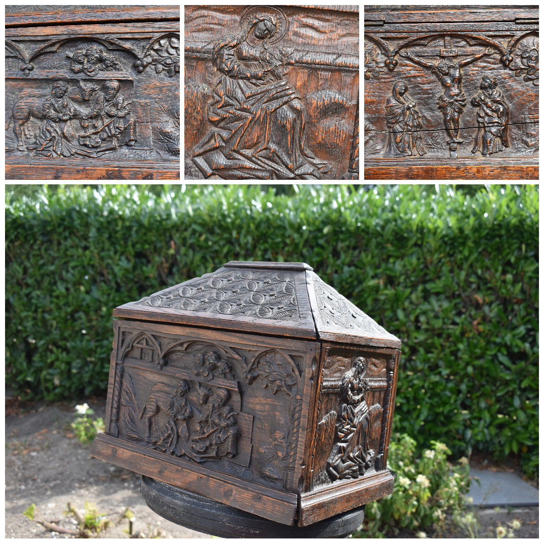 Antique 1800s Wood carved reliquary cabinet bas relief religious scenes rare