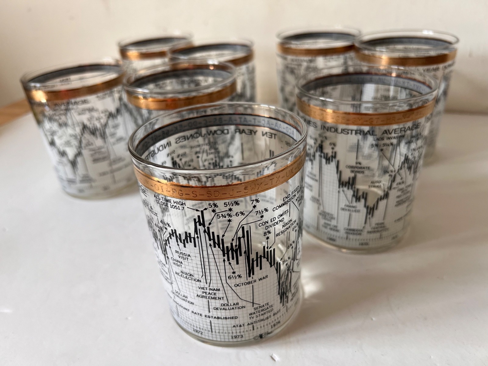 Set of 8 Vtg Dow Jones 1966-1976 Cera Low Ball Rocks Glasses Stock Market MCM