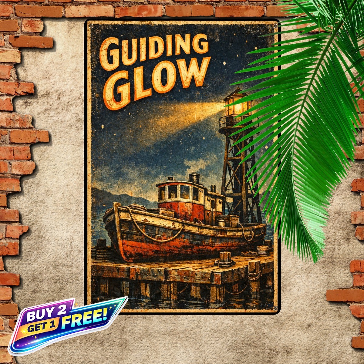 Night Harbor Boat Guiding Beacon Retro Metal Tin Sign 8x12```