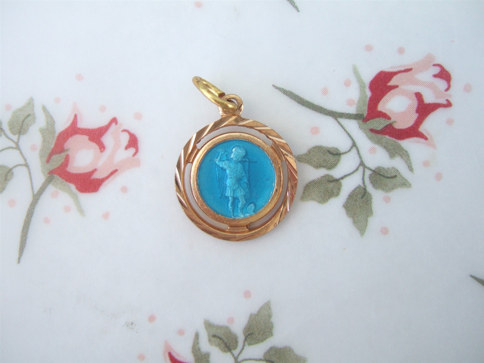 Vintage Catholic Medal ST. MICHAEL the ARCHANGEL Blue Enamel Gold finish